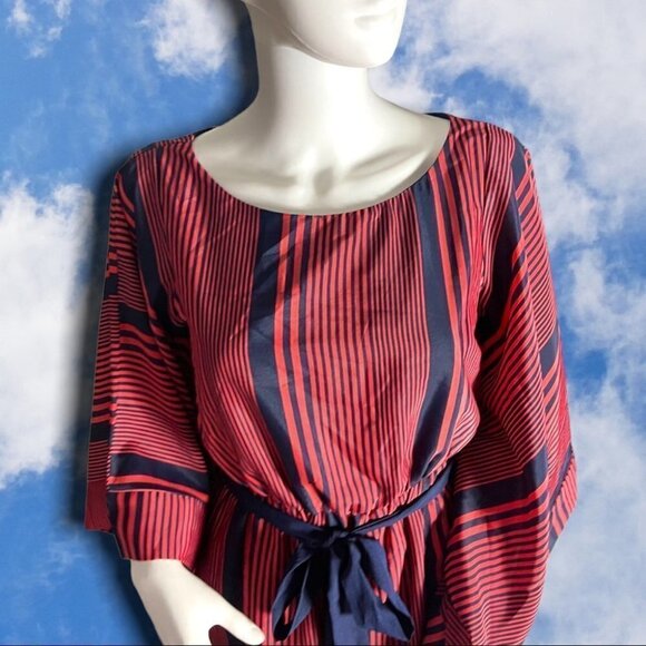 MAUDE Anthropologie Bell Sleeve Striped babydoll Mini Dress Orange & Navy Medium - Picture 2 of 15